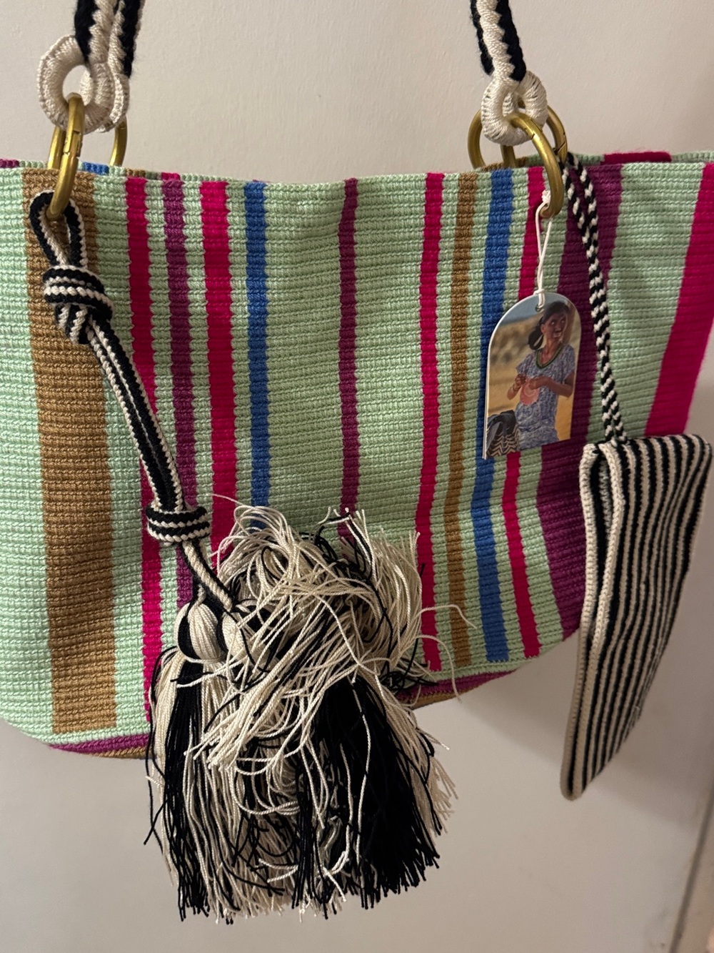 NWT Striped "Petunia" Woven Tote Bag in Mint Green and Hot Pink